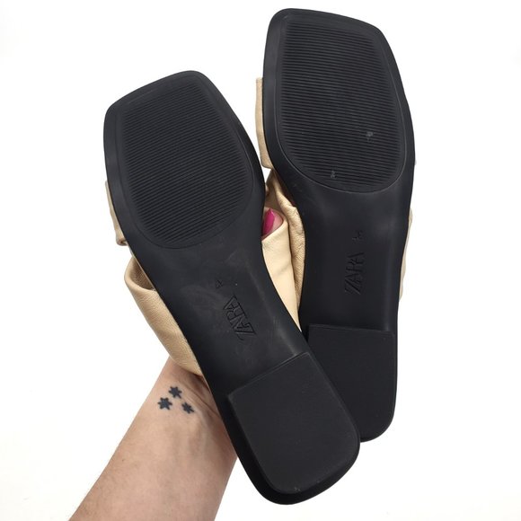 Zara Low Heeled Crossed Leather Square Toe Sandals Tan/Beige/Nude Size 37 - Picture 7 of 10